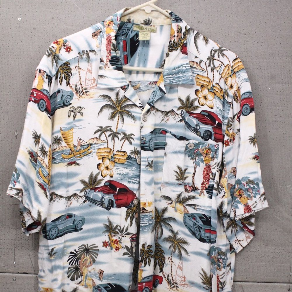 Mens L Islander Hawaiian Shirt Button Up SS Hot Rods Outrigger Tiki Pattern